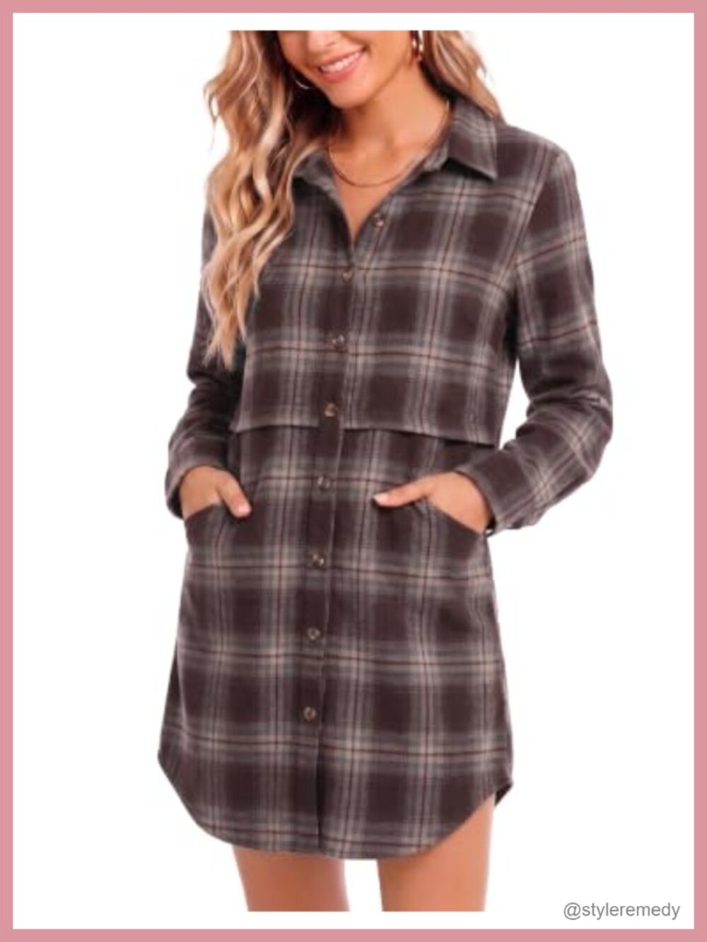 Plaid Flannel Button Down Shirt Long Sleeve V-Neck Mid Long Loose Fit Casual